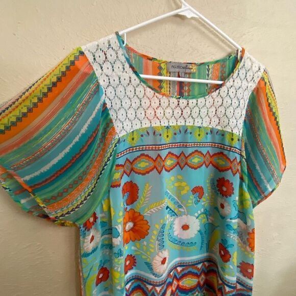 Figueroa & Flower Lady Anthropologie Aztec Floral mixed prints Top large - Picture 7 of 8